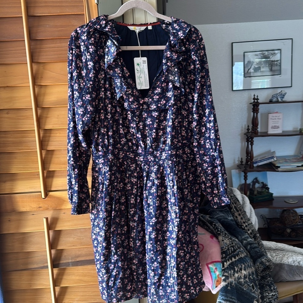 Boden Metallic Frill Detail Dress Navy Berry Sprig D0347 size 12R